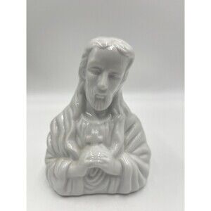 Vintage White Porcelain Bust Jesus Holding Cross Figurine Religious Statue